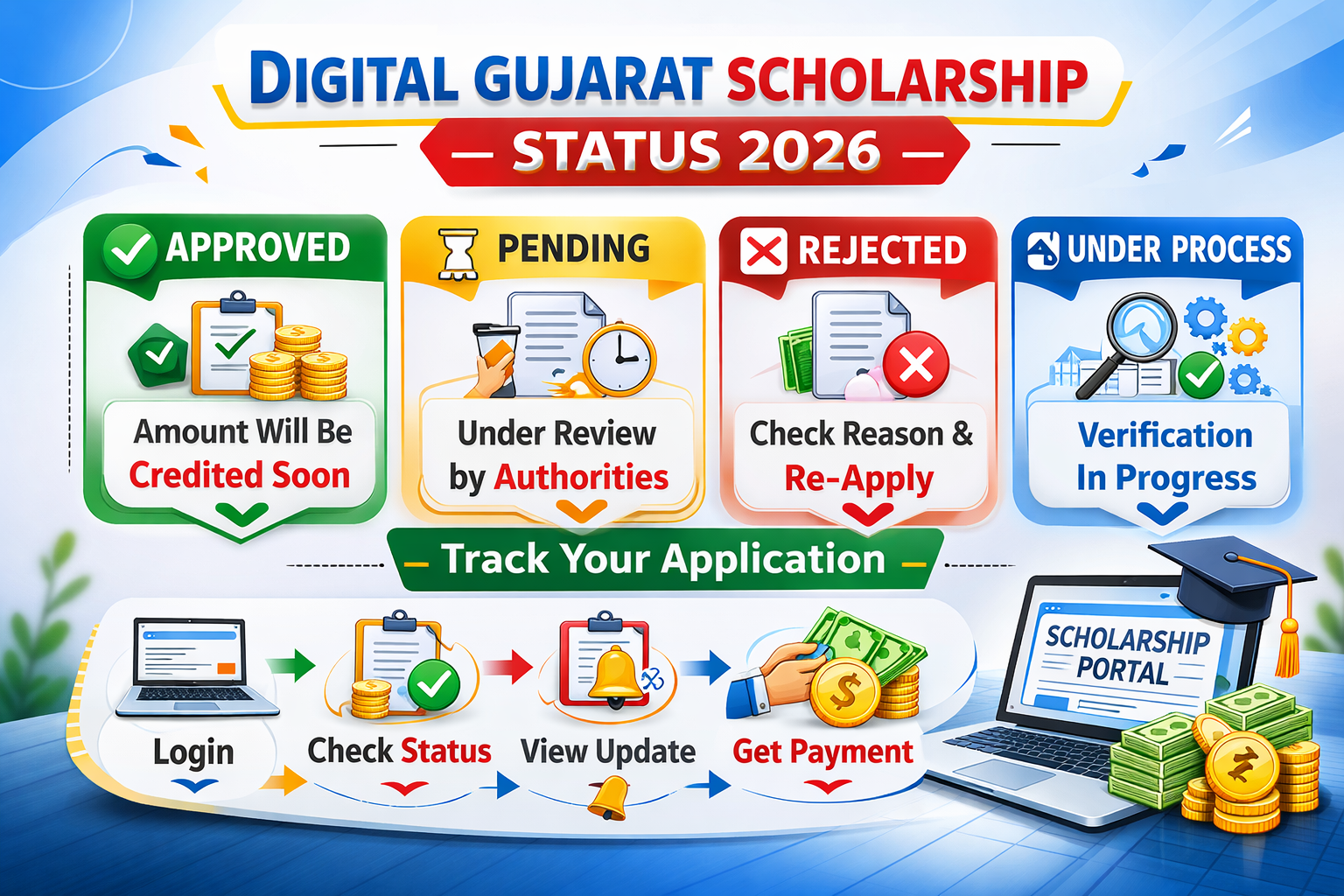 digital gujarat scholarship status meaning approved pending rejected under process 2026